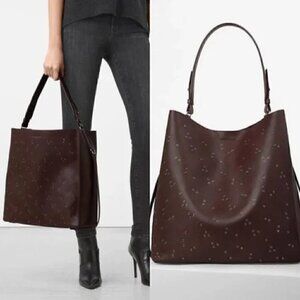NWOT All Saints Junai Brown Eyelet Leather North South Slouch Tote Bag Purse